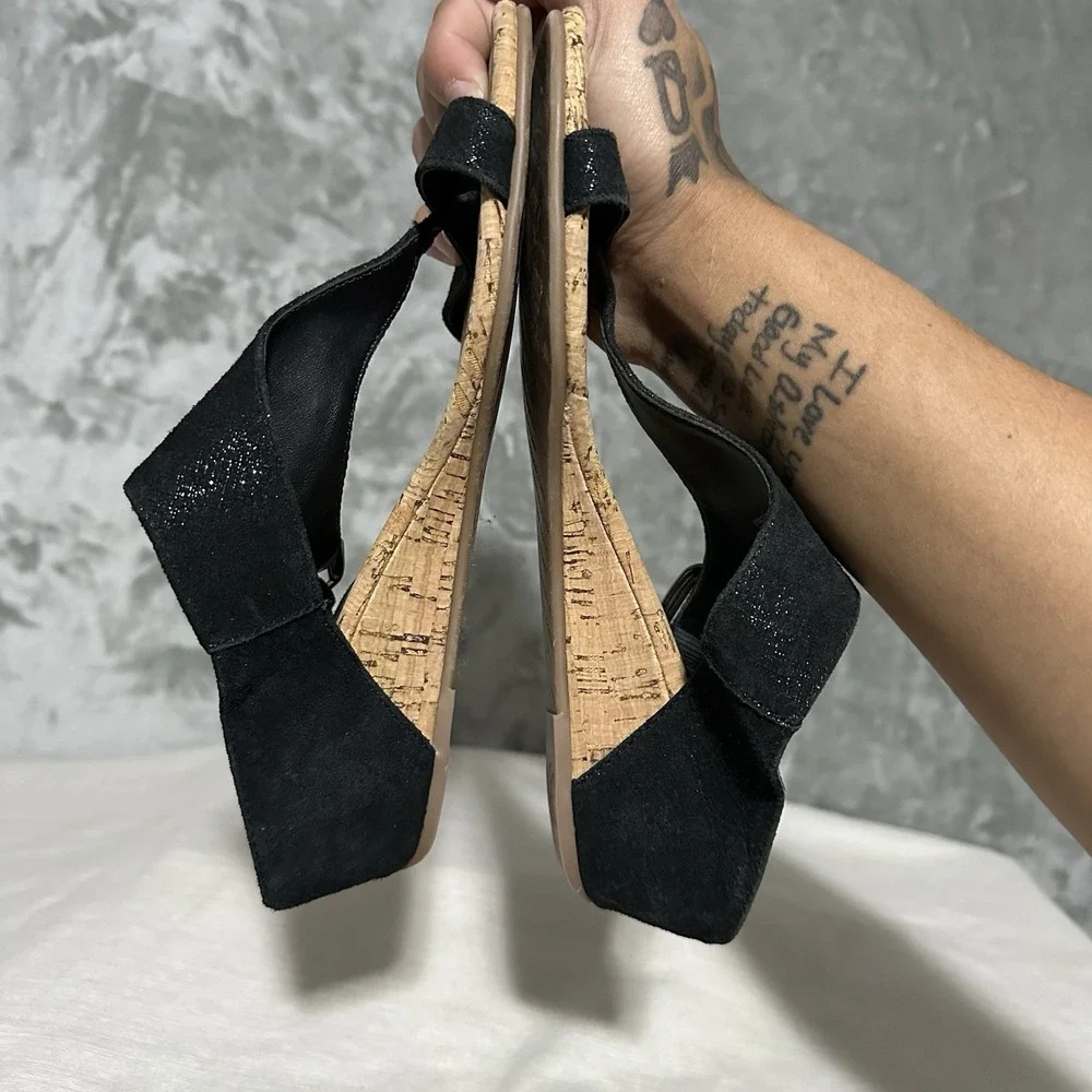 Donald Pliner Donni Metallic Leather Cork Thong Wedge Sandals Womens‎ 7.5M Black